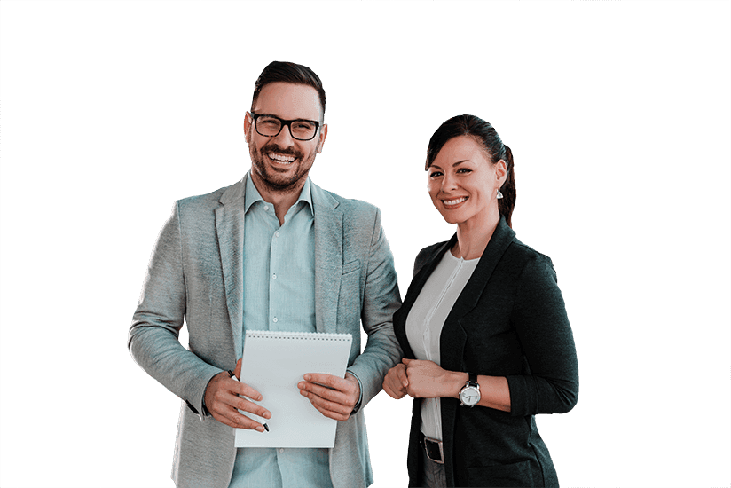 Professional male and women holding note pad