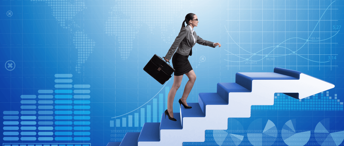 Woman walking on virtual career ladder